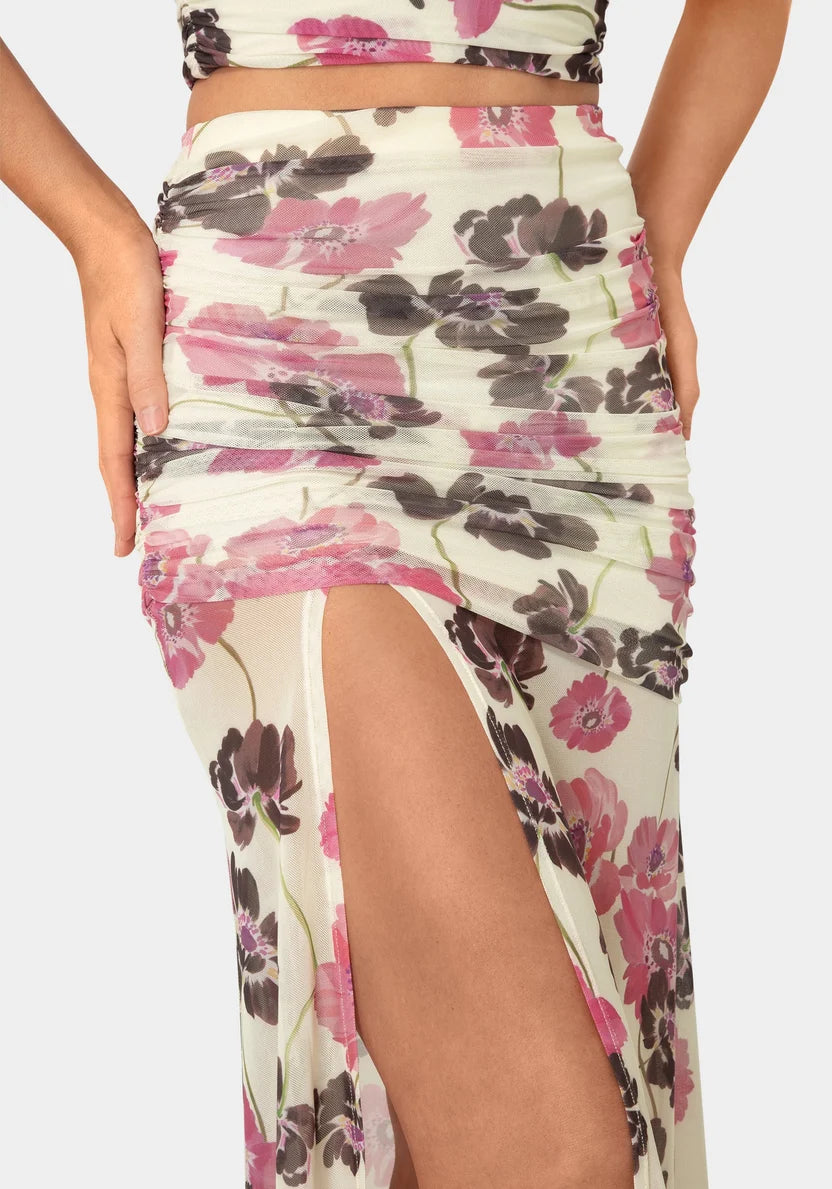Bebe  Women Maxi Mesh Shirred Skirt SKU: 7SKK0192BE_Wild Garden Prt Image 04