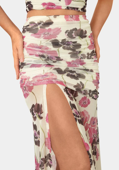 Bebe  Women Maxi Mesh Shirred Skirt SKU: 7SKK0192BE_Wild Garden Prt Image 04