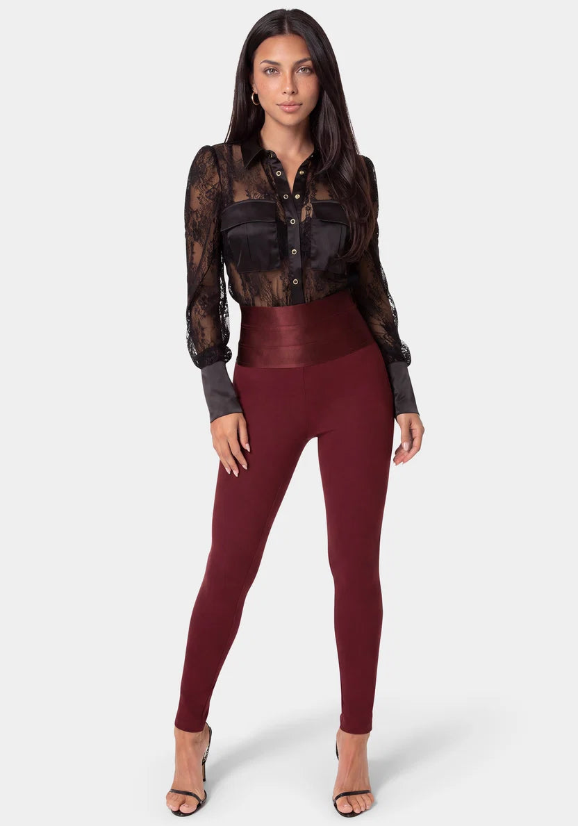 Bebe Dark Cherry Women High Waist Satin Elastic Waistband Legging SKU: 7SKP0422BE_DARK CHERRY Image 02