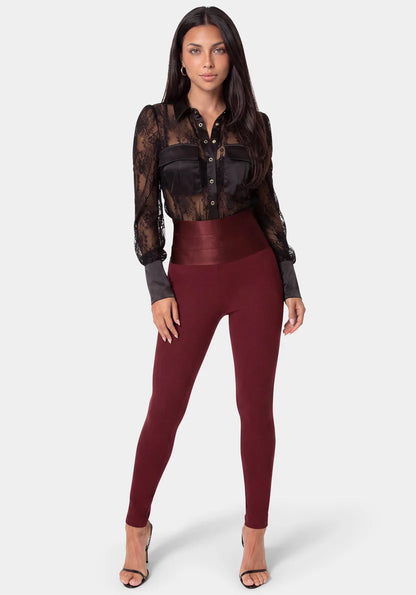 Bebe Dark Cherry Women High Waist Satin Elastic Waistband Legging SKU: 7SKP0422BE_DARK CHERRY Image 02