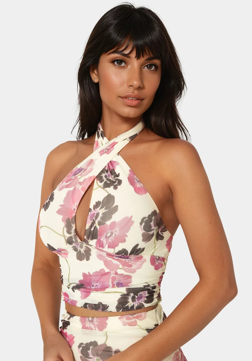 Bebe  Women Mesh Halter Neck Wrap Top SKU: 7SKT0472BE_Wild Garden Prt Image 04