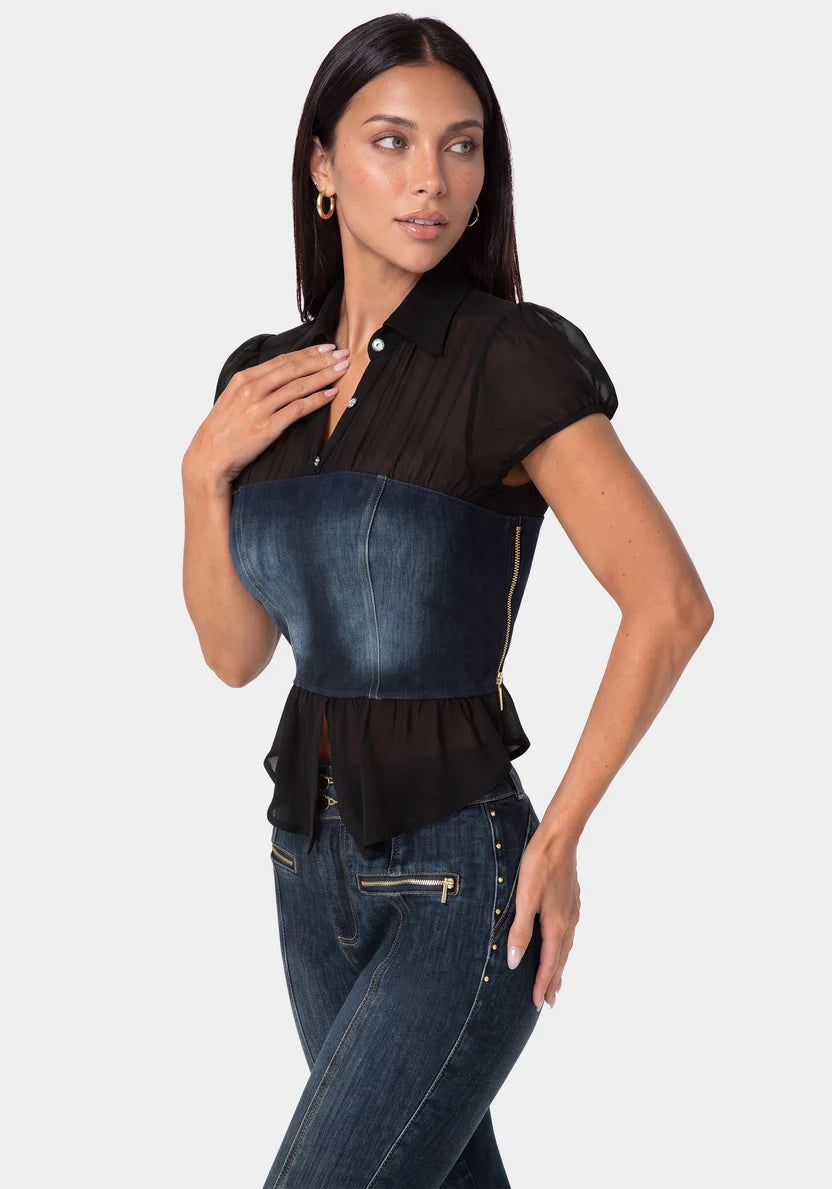 Bebe Black Indigo Women Fitted Denim Bustier Top SKU: 7SKT0489BE_BLACK INDIGO Image 01