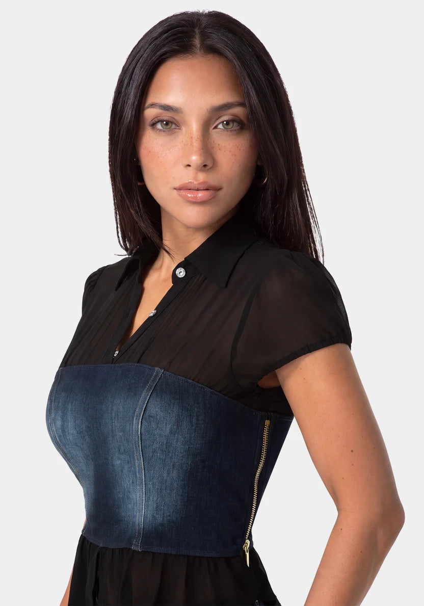 Bebe Black Indigo Women Fitted Denim Bustier Top SKU: 7SKT0489BE_BLACK INDIGO Image 04