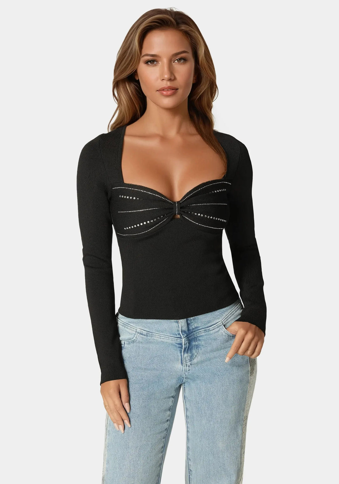 Bebe_Embelished Long Sleeve Sweater_7SKW0243BE_BLACK_01