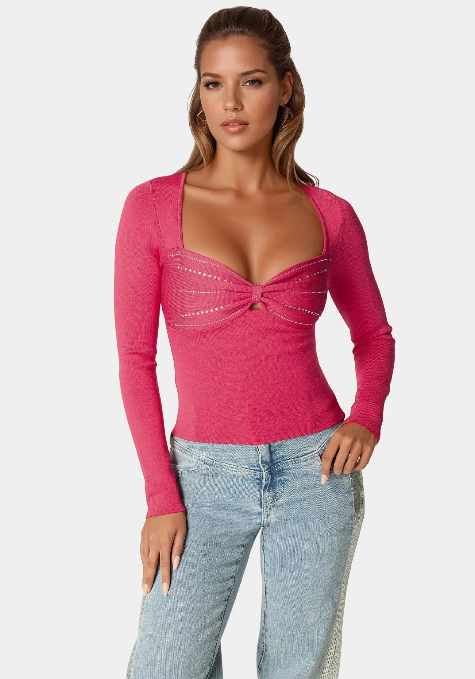 Bebe_Embelished Long Sleeve Sweater_7SKW0243BE_RASPBERRY_01