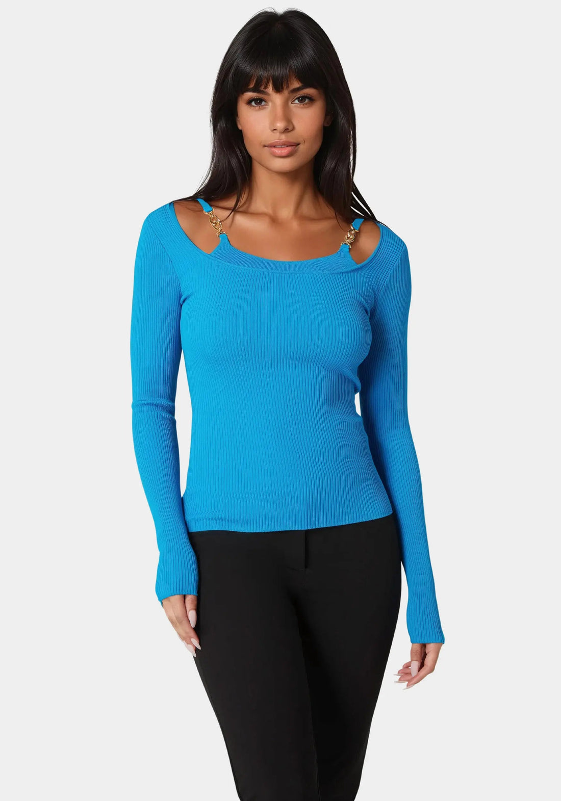 Bebe_Strap Detail Sweater Top_7SKW0260BE_HAWAIIAN SURF_01