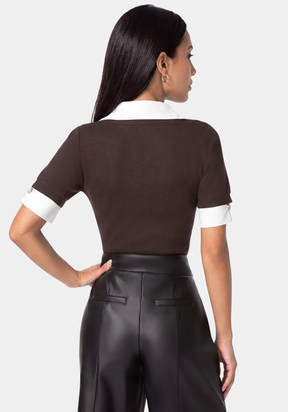Bebe Chocolate White Women Shirt Sweater Top SKU: 7SKW0292BE_CHOCOLATE WHITE Image 02