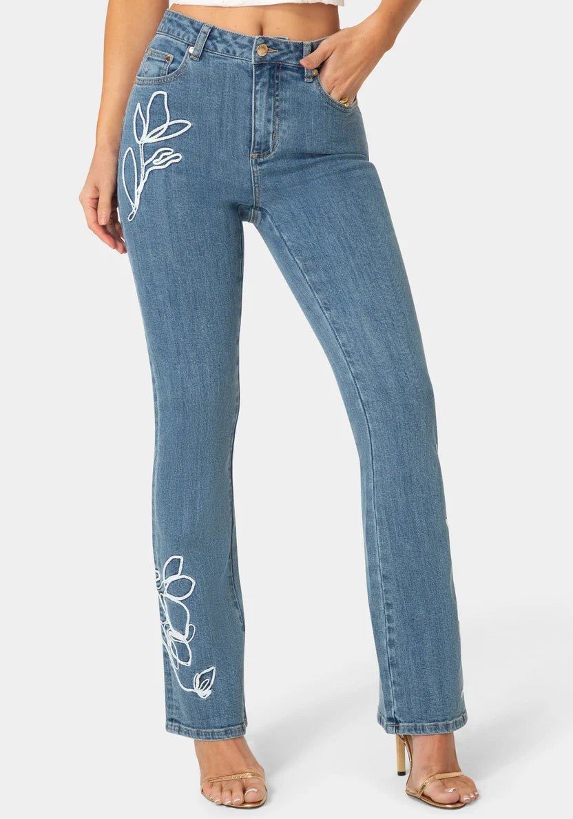 Bebe  Women Natural Waist Embroidered Straight Leg Jeans SKU: 7SWD0210BE_Light Blue Wash Image 01