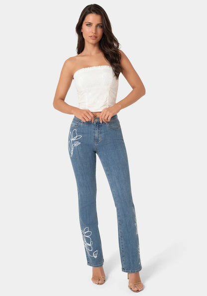 Bebe  Women Natural Waist Embroidered Straight Leg Jeans SKU: 7SWD0210BE_Light Blue Wash Image 02