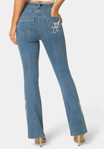 Bebe  Women Natural Waist Embroidered Straight Leg Jeans SKU: 7SWD0210BE_Light Blue Wash Image 03