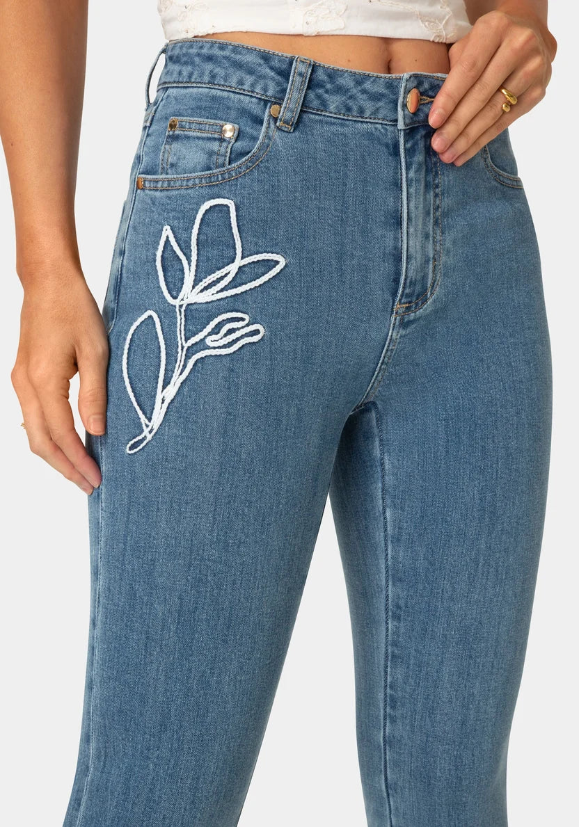 Bebe  Women Natural Waist Embroidered Straight Leg Jeans SKU: 7SWD0210BE_Light Blue Wash Image 04
