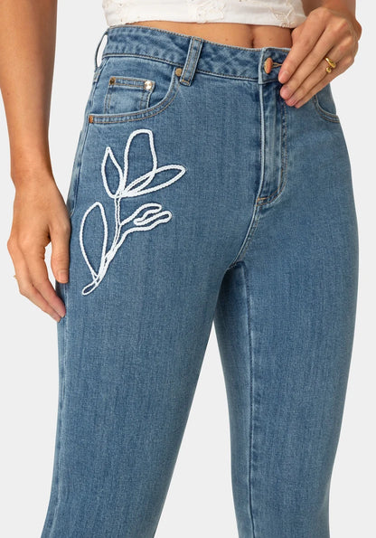 Bebe  Women Natural Waist Embroidered Straight Leg Jeans SKU: 7SWD0210BE_Light Blue Wash Image 04