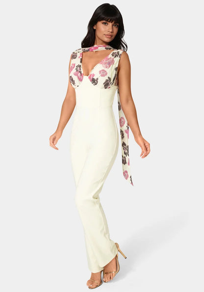 Bebe  Women Scarf-detailed Wide Leg Jumpsuit SKU: 7SWG0200BE_Prt-Butter Cream Image 01