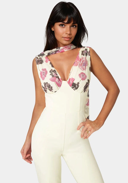 Bebe  Women Scarf-detailed Wide Leg Jumpsuit SKU: 7SWG0200BE_Prt-Butter Cream Image 03