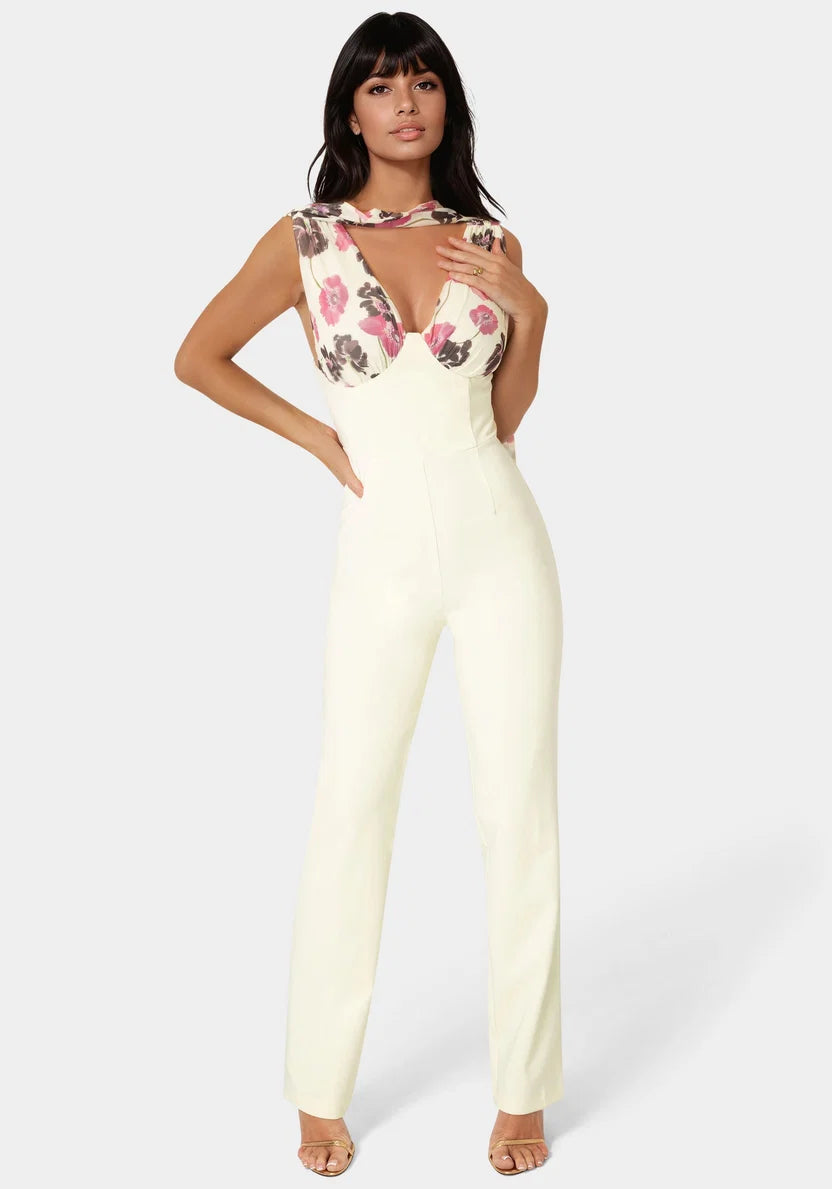 Bebe  Women Scarf-detailed Wide Leg Jumpsuit SKU: 7SWG0200BE_Prt-Butter Cream Image 04
