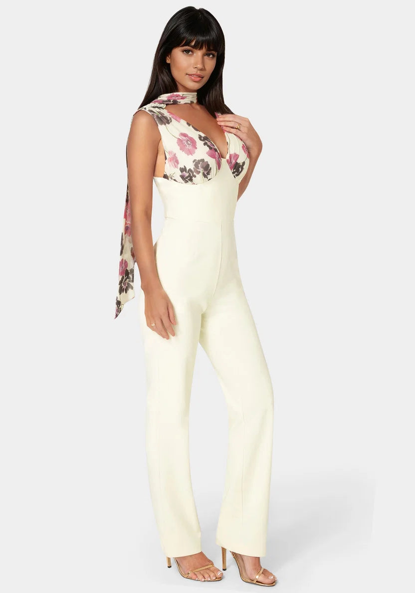 Bebe  Women Scarf-detailed Wide Leg Jumpsuit SKU: 7SWG0200BE_Prt-Butter Cream Image 05