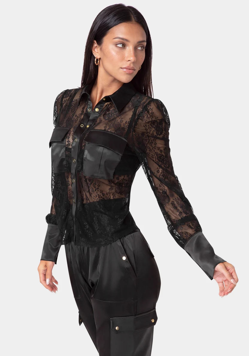 Bebe Black Women Floral Lace Blouse SKU: 7SWL0246BE_BLACK Image 01
