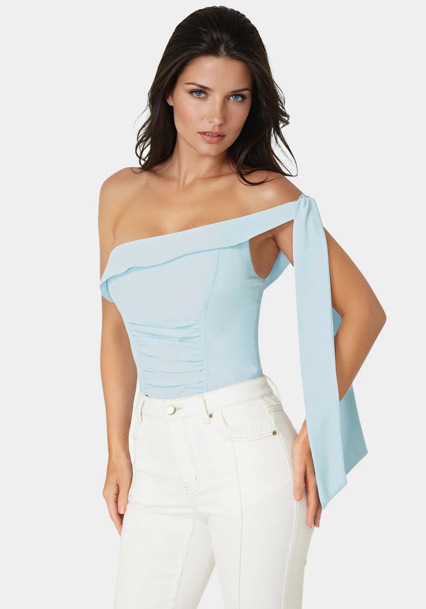 Bebe  Women Asymmetrical Shoulder Tie Top SKU: 7SWT0464BE_Celeste Image 01