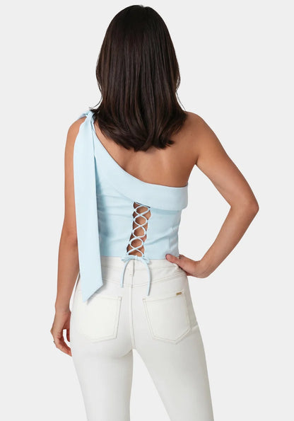 Bebe  Women Asymmetrical Shoulder Tie Top SKU: 7SWT0464BE_Celeste Image 04