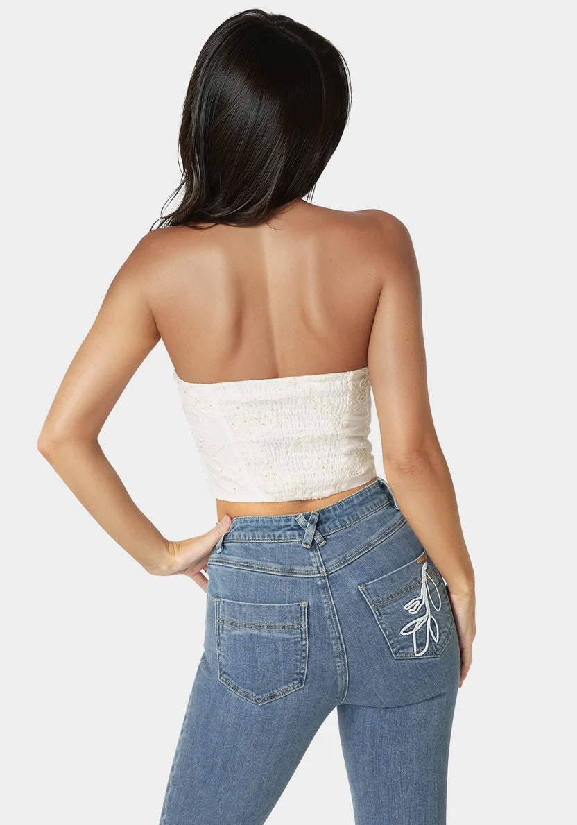 Bebe  Women Strapless Embroidery Corset Top SKU: 7SWT0469BE_White Alyssum Image 02
