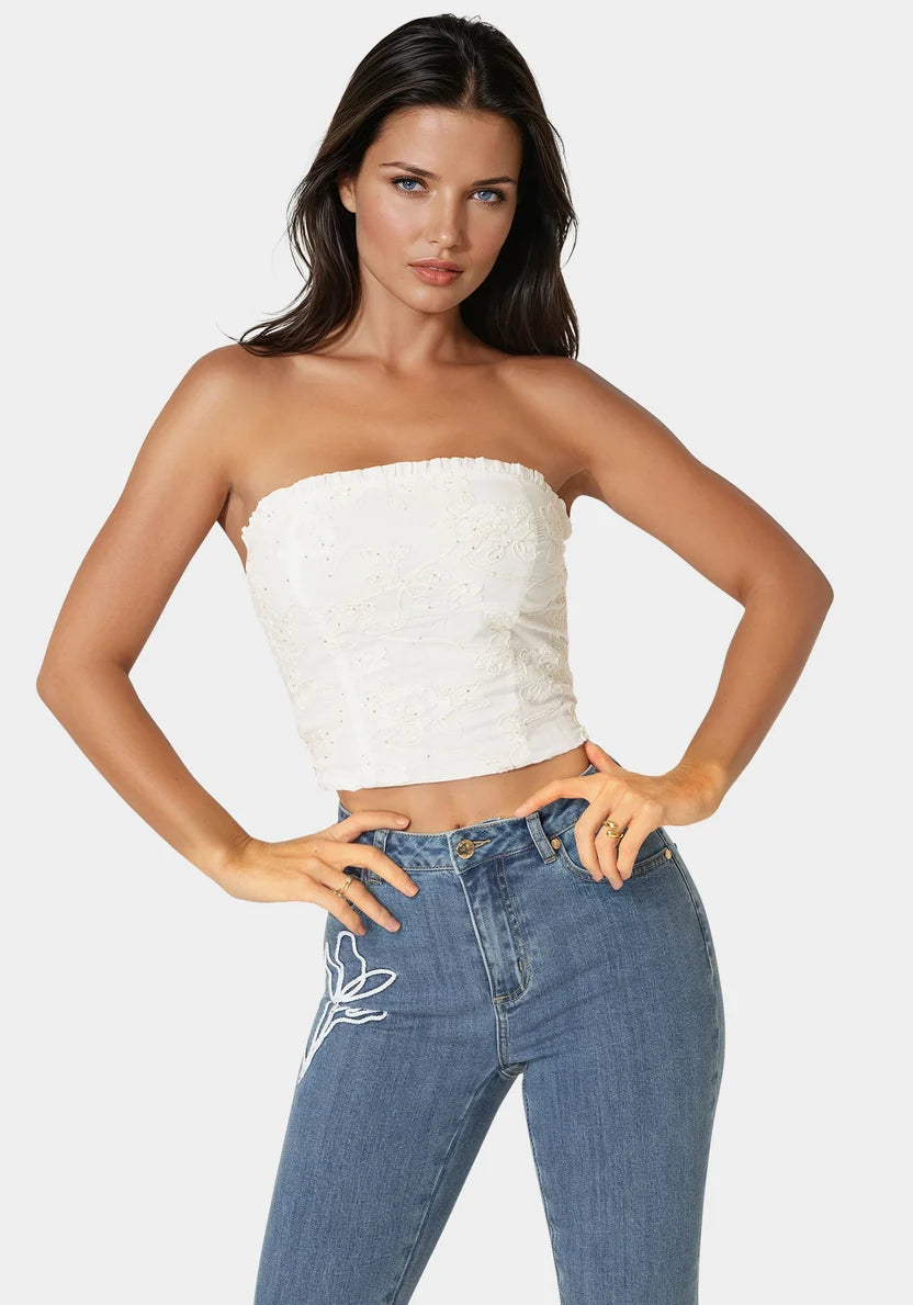 Bebe  Women Strapless Embroidery Corset Top SKU: 7SWT0469BE_White Alyssum Image 03