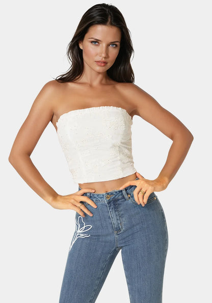 Bebe  Women Strapless Embroidery Corset Top SKU: 7SWT0469BE_White Alyssum Image 03