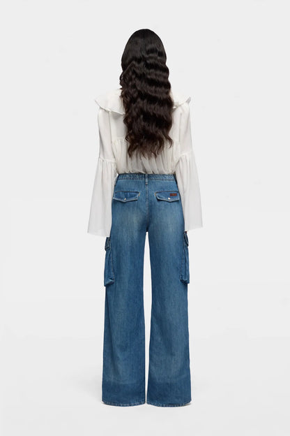 7 For All Mankind Mid Blue Women Cargo Lotta in Indigo Linen SKU: 7UCM0U03_3NN Image 04