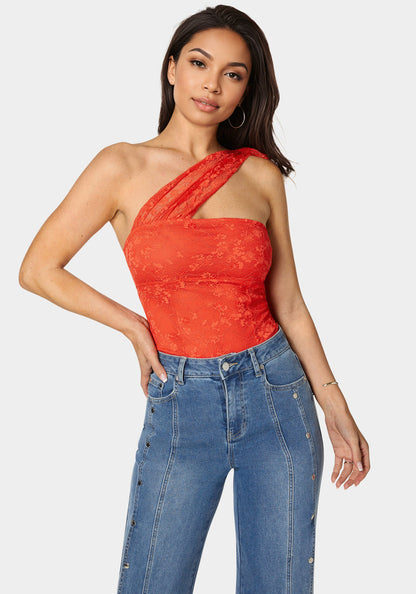 Bebe_One Shoulder Ruffle Lace Bodysuit_7skb0421be_Grenadine_01