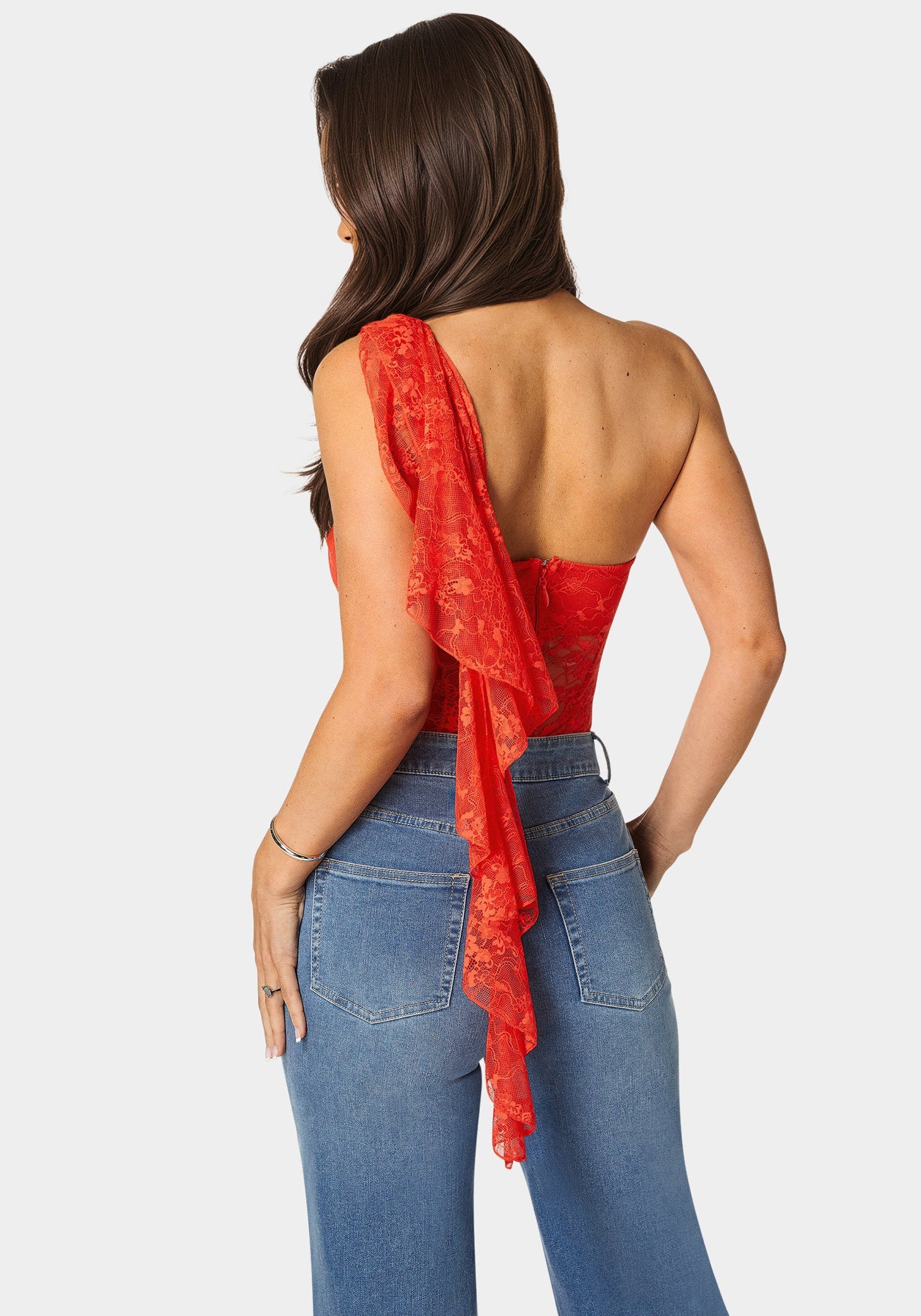 Bebe_One Shoulder Ruffle Lace Bodysuit_7skb0421be_Grenadine_03