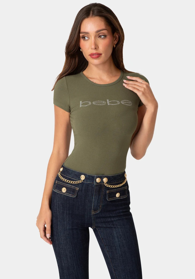 Bebe Velvet Green Women Short Sleeve Baby Bebe Logo Tee SKU: 7ske0044be_velvet green Image 01