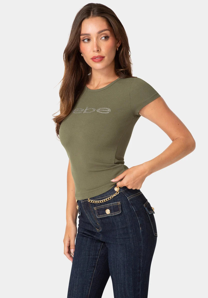 Bebe Velvet Green Women Short Sleeve Baby Bebe Logo Tee SKU: 7ske0044be_velvet green Image 02