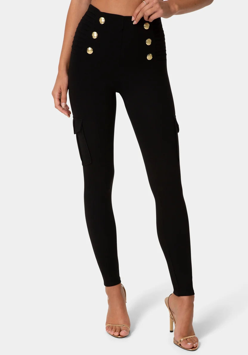 Bebe Black Women High Waist Gold Button Leggings SKU: 7skp0425be_black Image 01