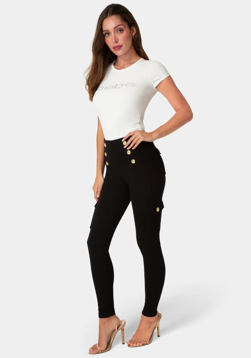 Bebe Black Women High Waist Gold Button Leggings SKU: 7skp0425be_black Image 02