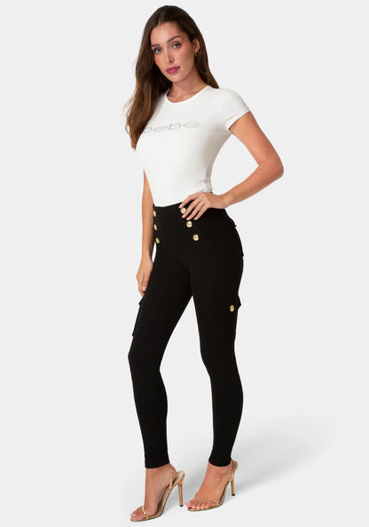 Bebe Black Women High Waist Gold Button Leggings SKU: 7skp0425be_black Image 02