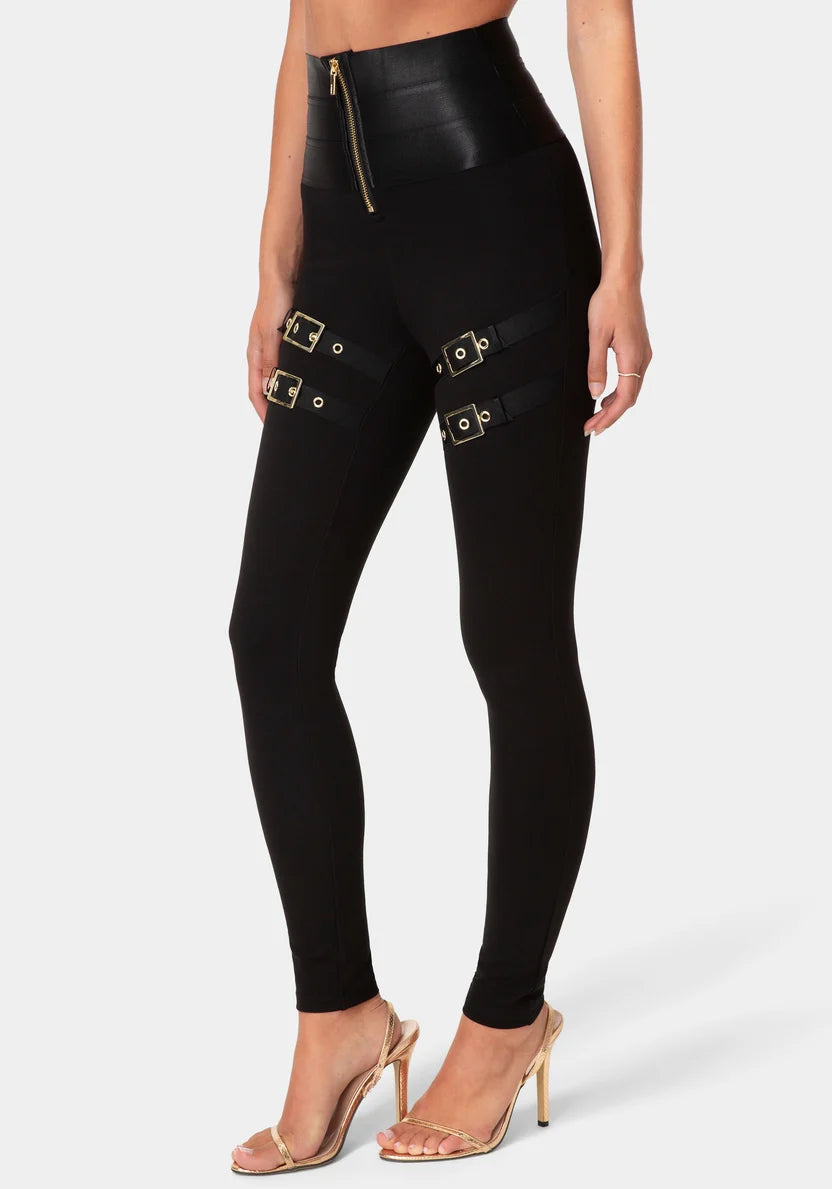 Bebe Black Women High Waist Gold Buckle Leggings SKU: 7skp0426be_black Image 01