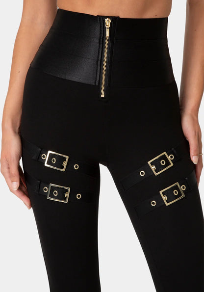 Bebe Black Women High Waist Gold Buckle Leggings SKU: 7skp0426be_black Image 04