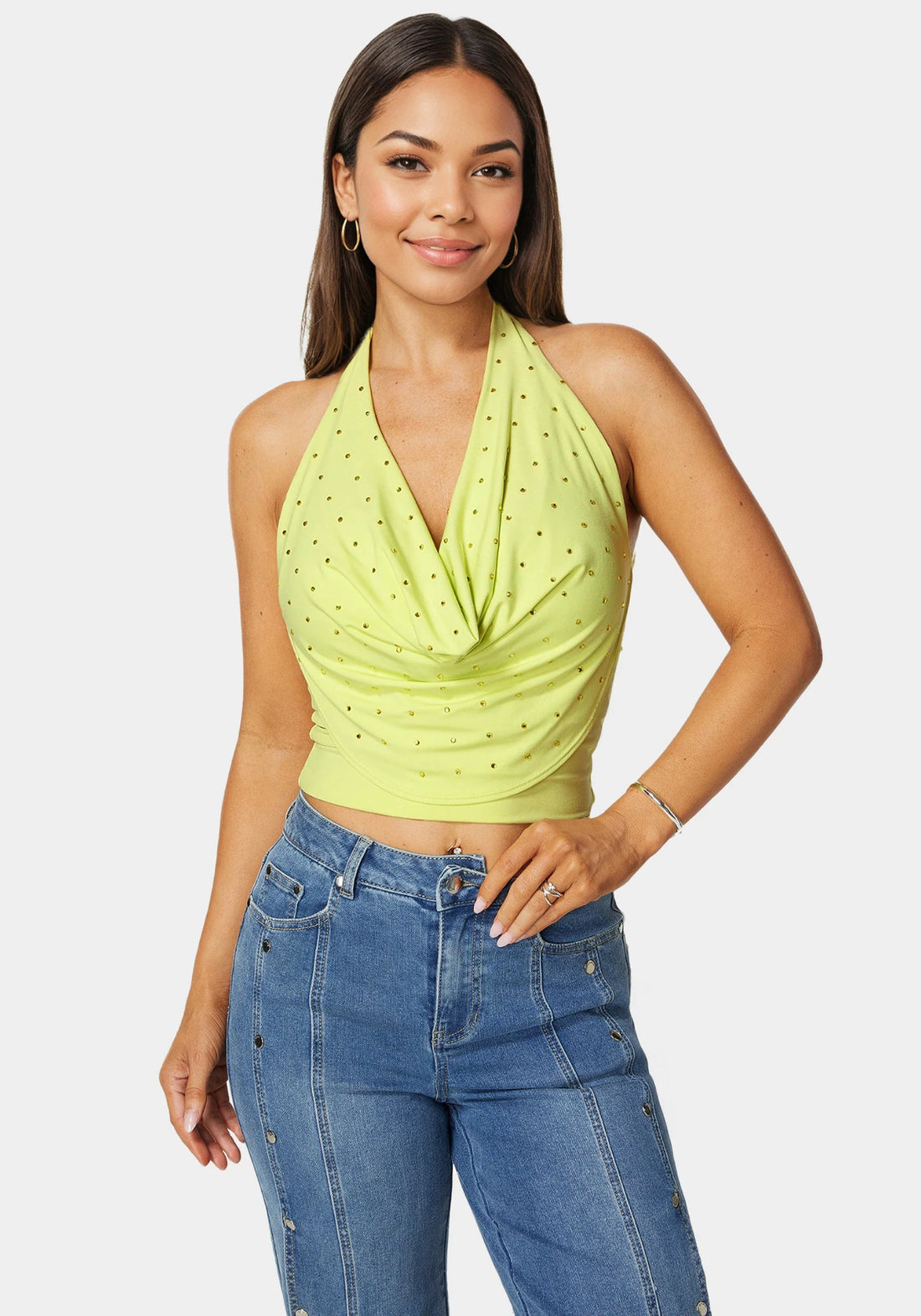 Bebe_Halter Drape Embellished Top_7skt0417be_Lime Sherbet_01