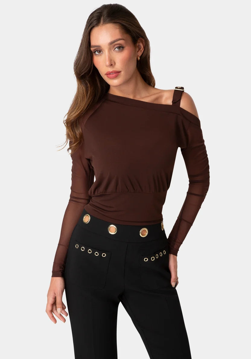 Bebe Chocolate Martini Women Asymmetrical Long Sleeves Knit Top SKU: 7skt0495be_chocolate martini Image 01