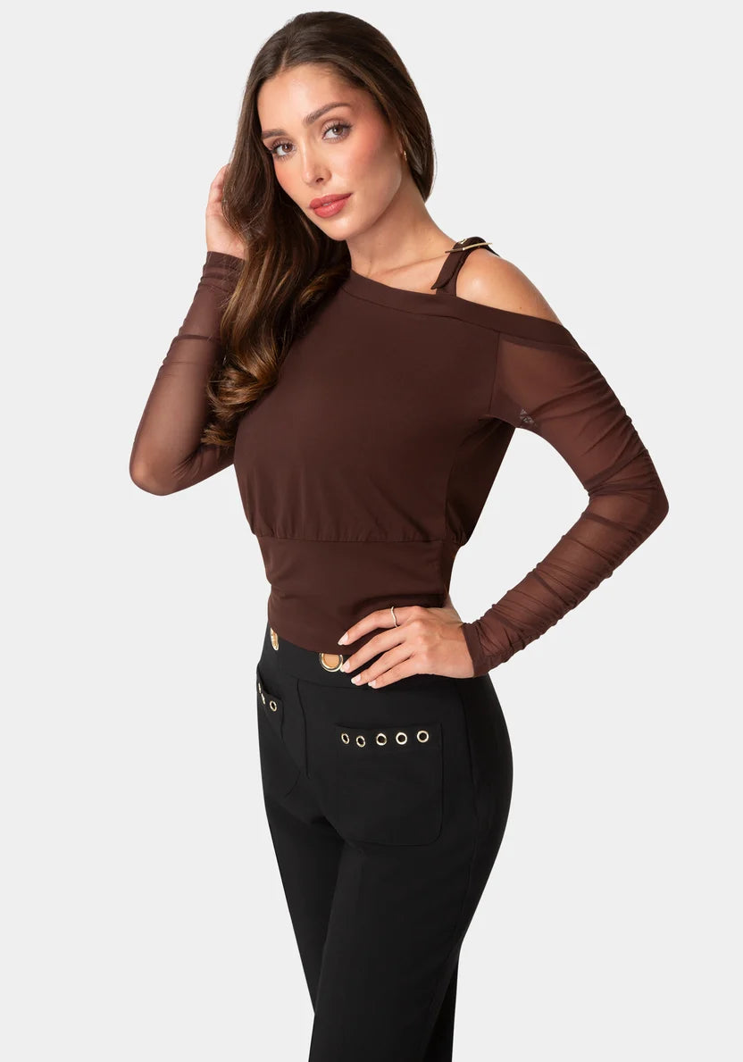 Bebe Chocolate Martini Women Asymmetrical Long Sleeves Knit Top SKU: 7skt0495be_chocolate martini Image 02