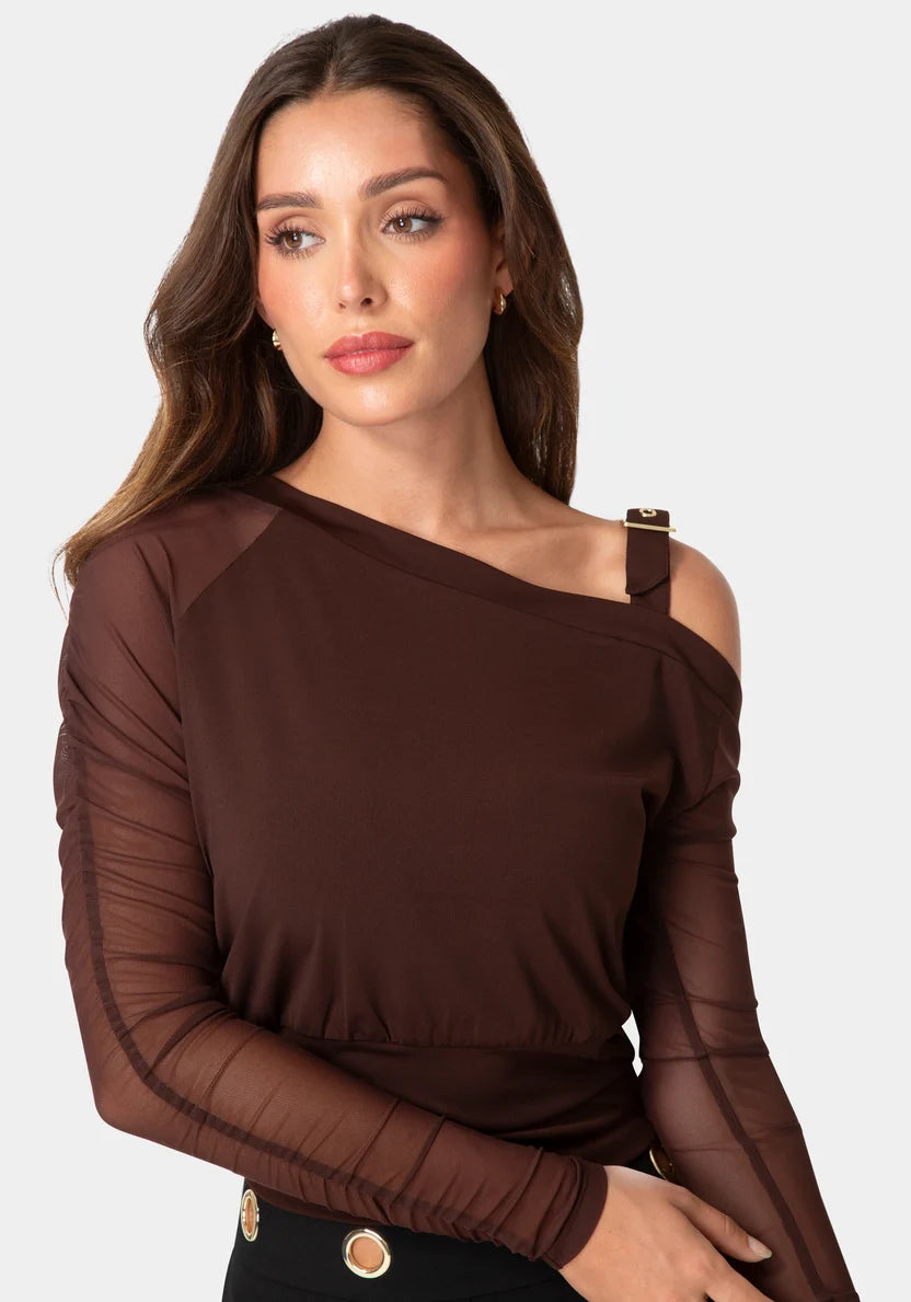 Bebe Chocolate Martini Women Asymmetrical Long Sleeves Knit Top SKU: 7skt0495be_chocolate martini Image 04