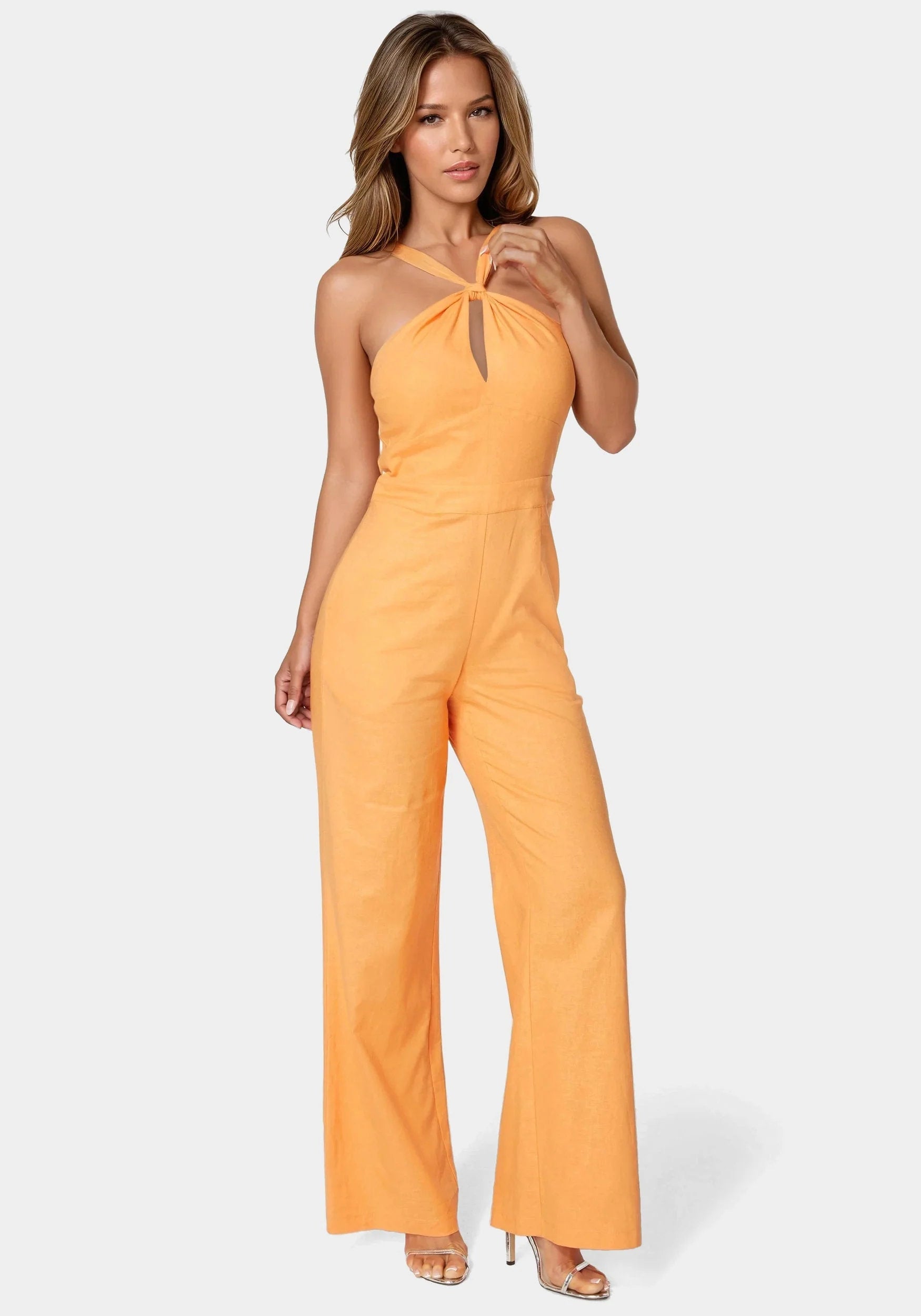 Bebe_Linen Front Knot Palazzo Leg Jumpsuit_7swg0163be_Cantaloupe_01