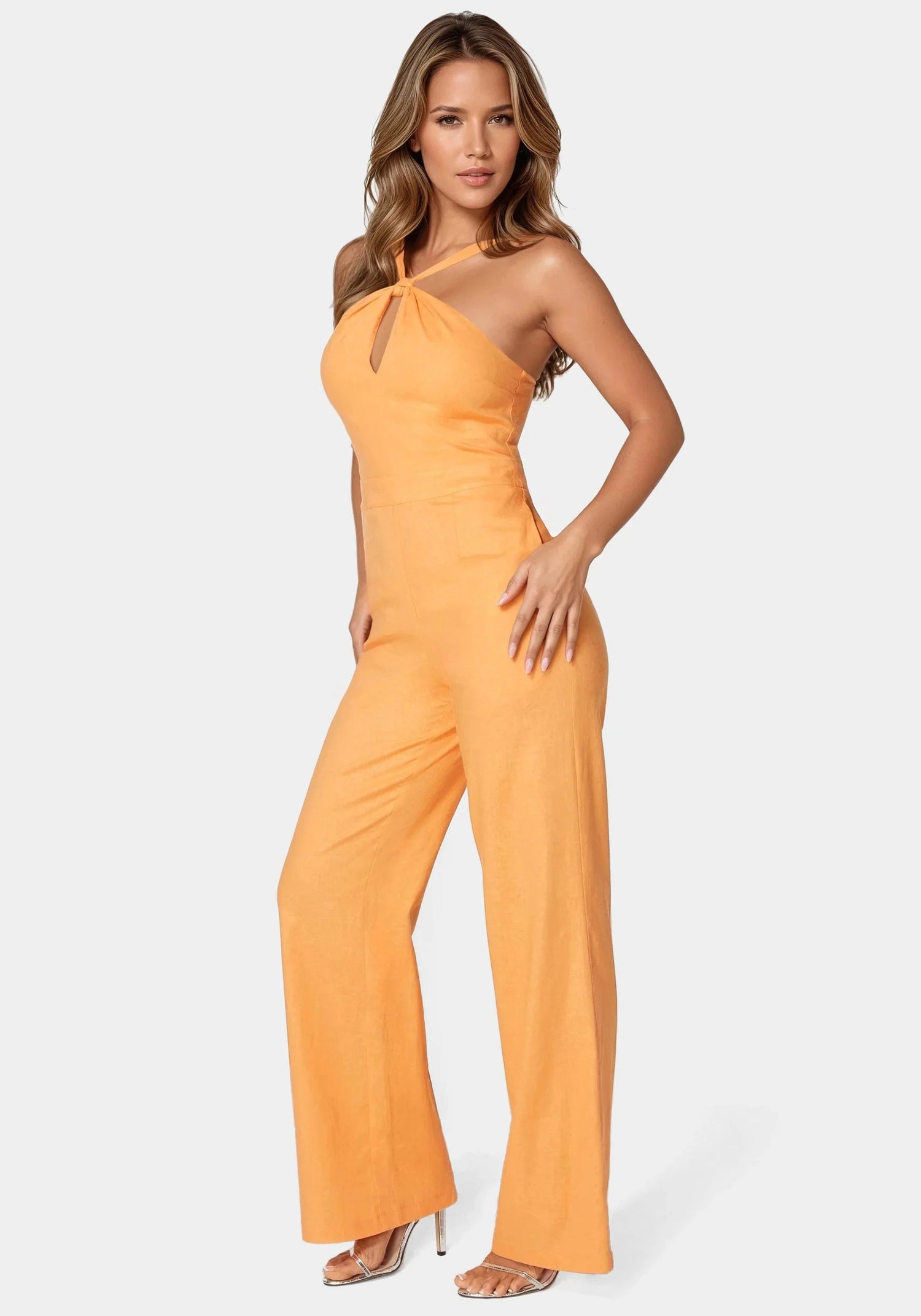 Bebe_Linen Front Knot Palazzo Leg Jumpsuit_7swg0163be_Cantaloupe_02
