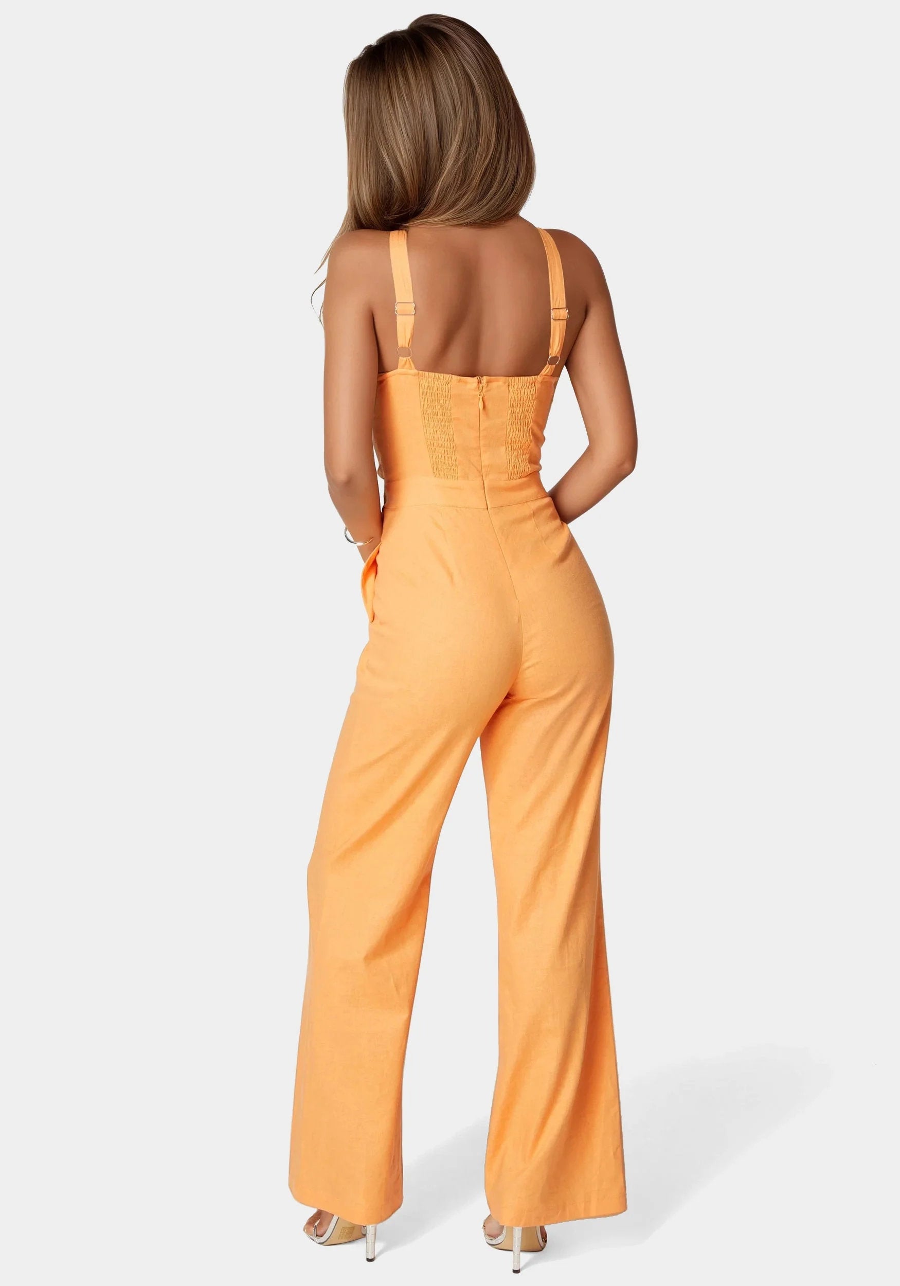 Bebe_Linen Front Knot Palazzo Leg Jumpsuit_7swg0163be_Cantaloupe_03