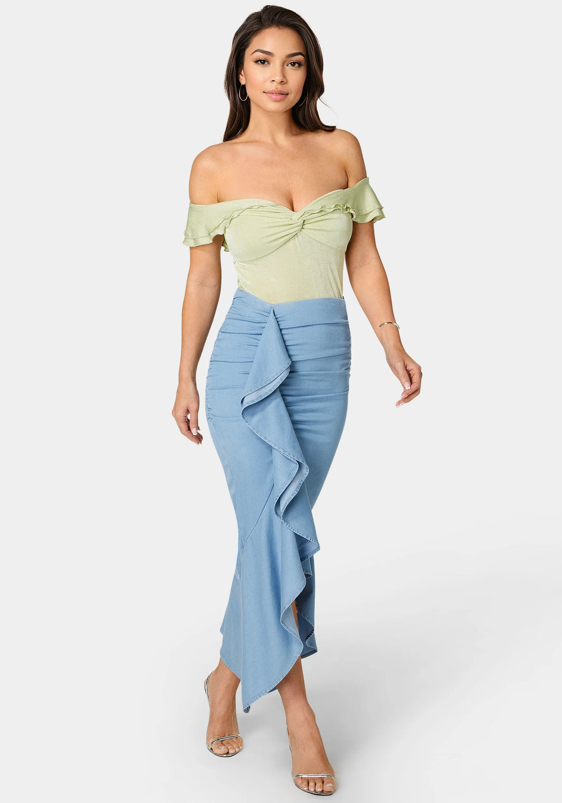 Bebe_Tencel Front Cascade Midi Skirt_7swk0176be_Light Blue Wash_01