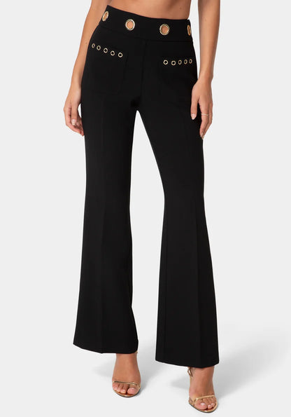 Bebe Black Women High Waist Gold Eyelet Straight Leg Pants SKU: 7swp0446be_black Image 01