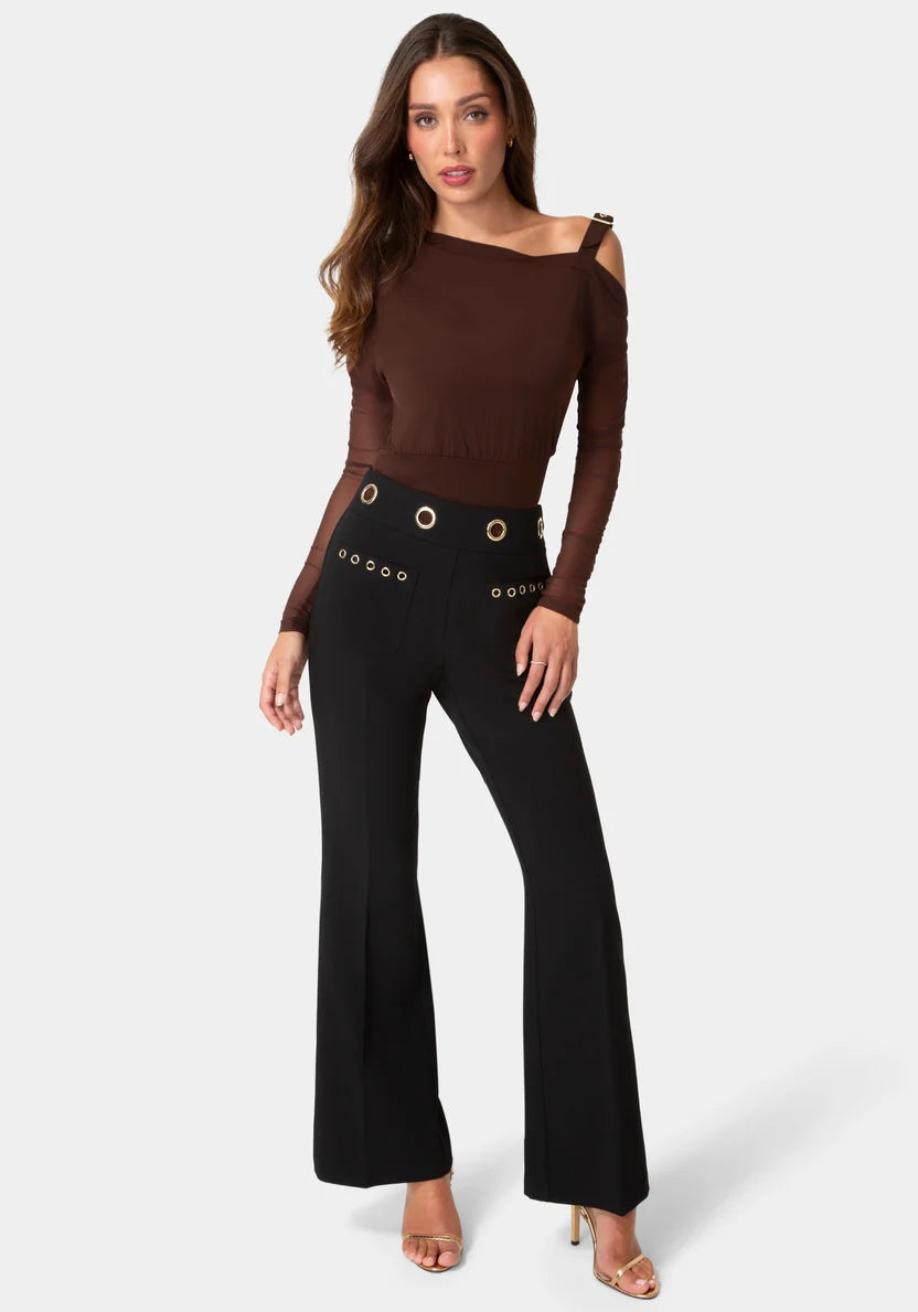 Bebe Black Women High Waist Gold Eyelet Straight Leg Pants SKU: 7swp0446be_black Image 02