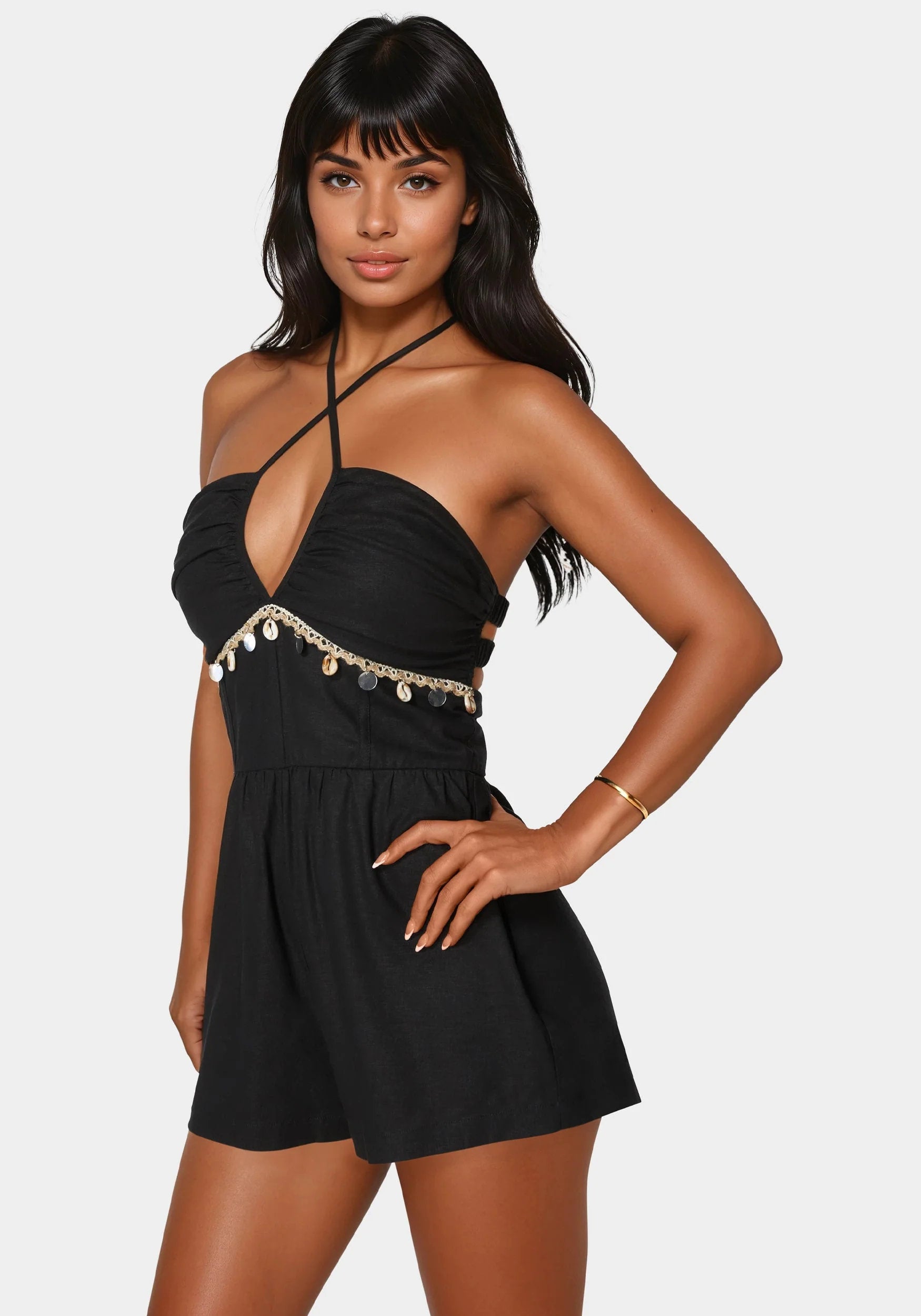 Bebe_Linen Seashell Sequin Fringe Romper_7swr0070be_Black_02