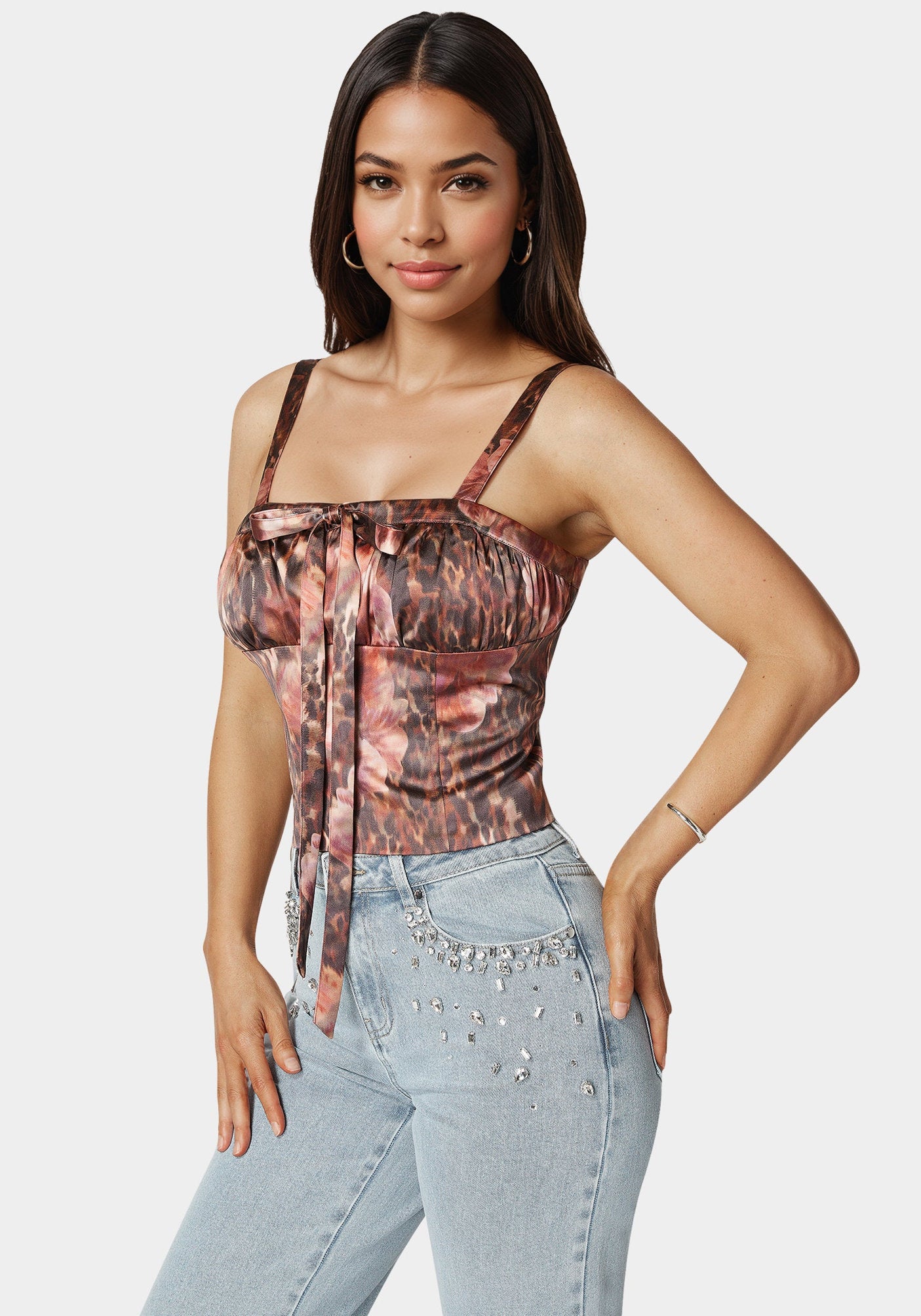 Bebe_Tie Front Ruched Bust Satin Corset_7swt0400be_Blooming Cheetah Print_02