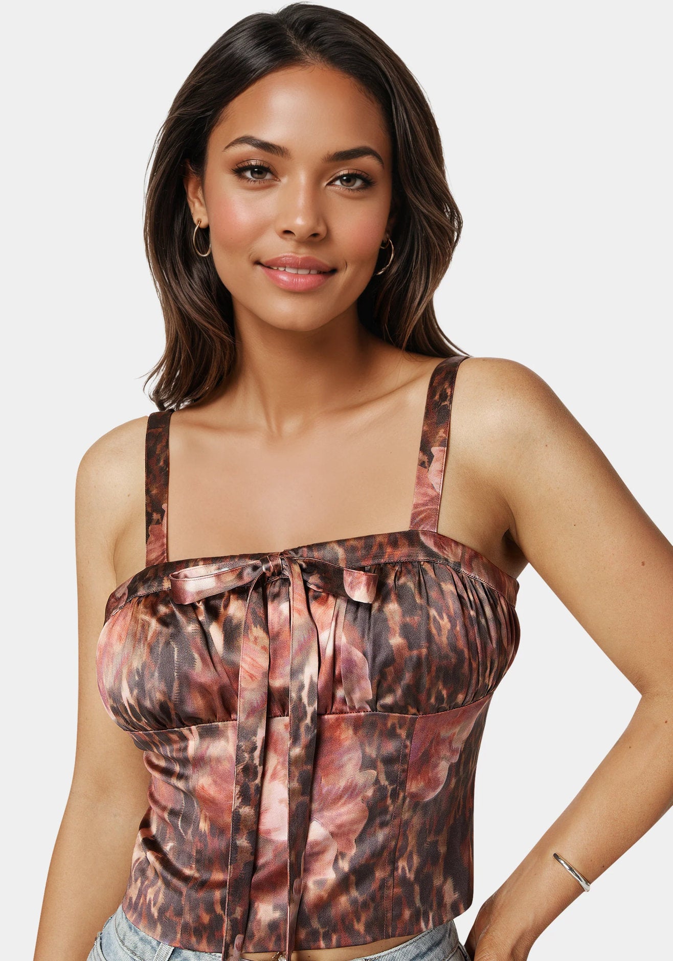 Bebe_Tie Front Ruched Bust Satin Corset_7swt0400be_Blooming Cheetah Print_04