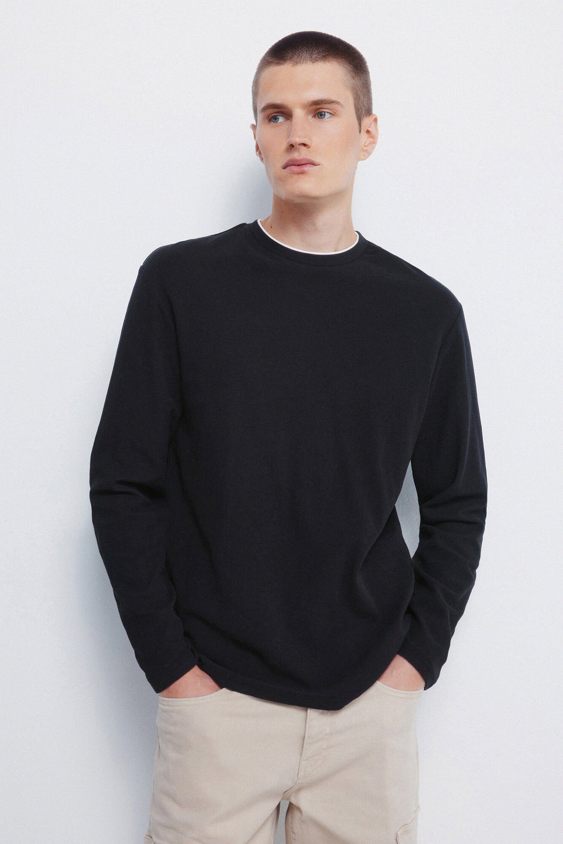 Springfield_Black_Double Waffle Fabric T-Shirt_8832417_28_01